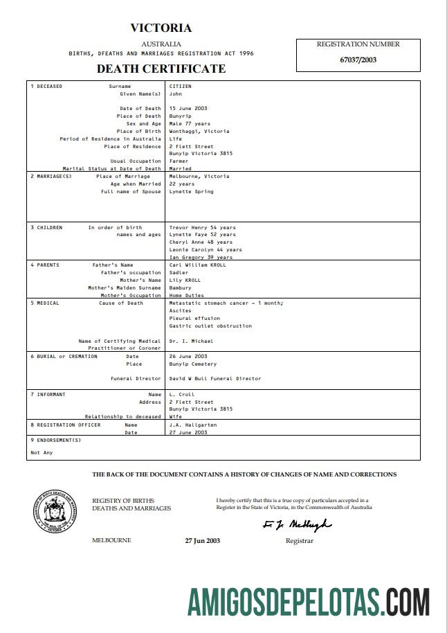 Em branco modelo de certidão de óbito Austrália Victoria em formato Word